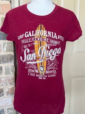 San Diego Surf Graphic Tee Maroon Yellow & White Streetwear Retro Hippie